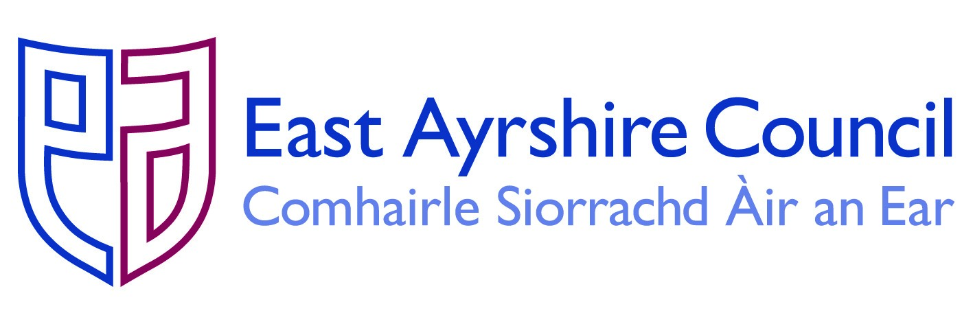 Logo of “East Ayrshire Council,” featuring a shield with the council’s name in blue text, along with its Gaelic equivalent.