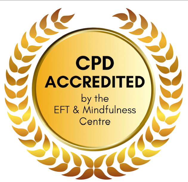 gold circular badge with a laurel wreath border. Inside the badge, it says "CPD Accredited by the EFT & Mindfulness Centre" in black text. 