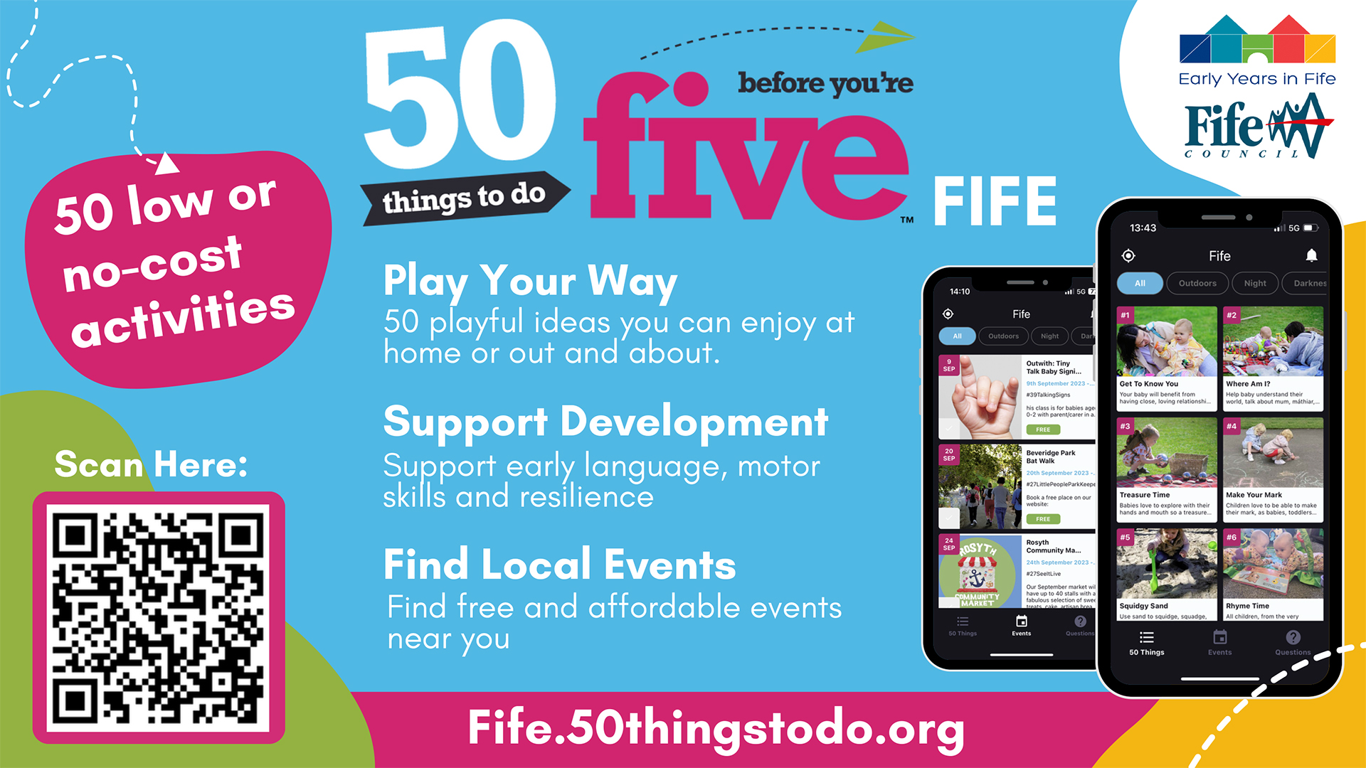 A digital poster containing a QR Code and web link to download the 50 Things to Do Before You're 5 app and to access the website.