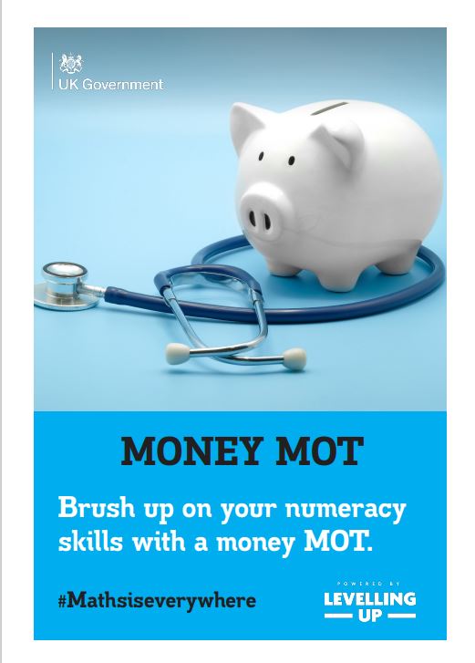 A piggy bank with a stethoscope on a blue background, promoting a UK Govt campaign for people to improve numeracy skills with a "Money MOT."