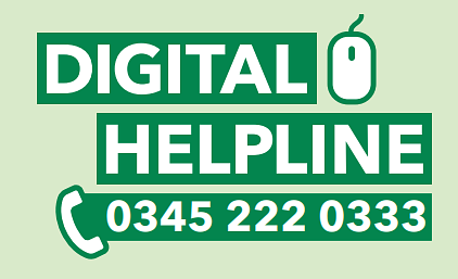 The words "Digital Helpline" with the phone number 0345 222 0333 and an image of a computer mouse and a phone