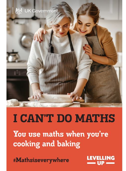 Two people baking. The overlaid text reads, “I cant do maths,” emphasising that maths is used in cooking and baking.