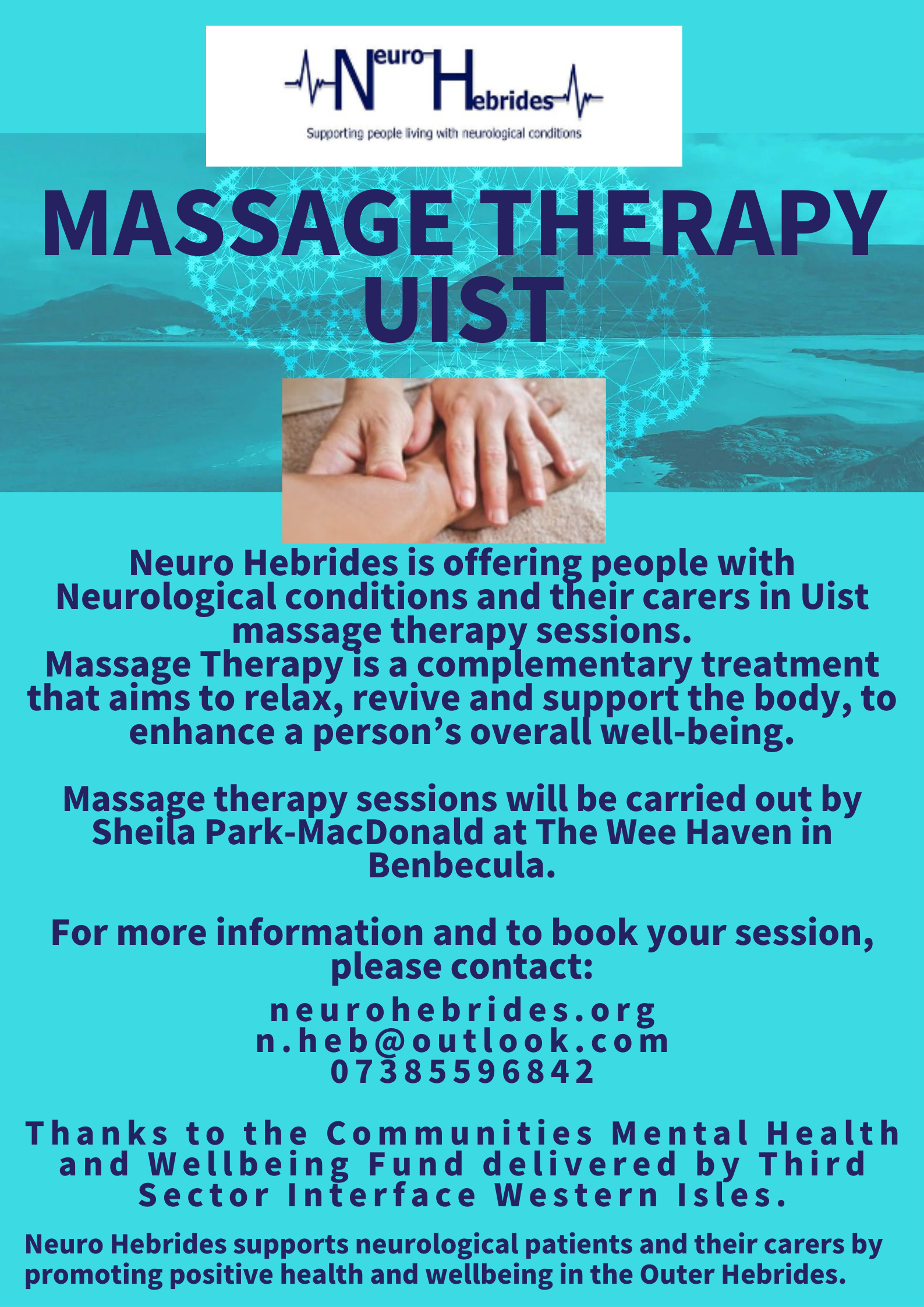 Leaflet promoting massage therapy sessions for people with neurological conditions.