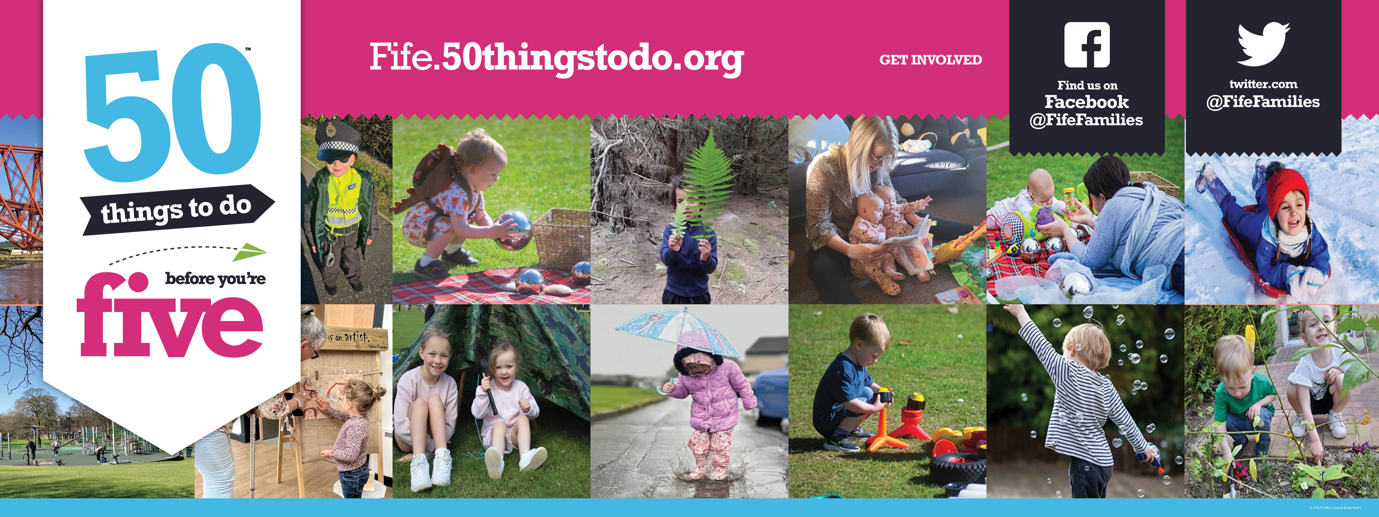 A small banner containing pictures of children enjoying the service, a web link and social media handles