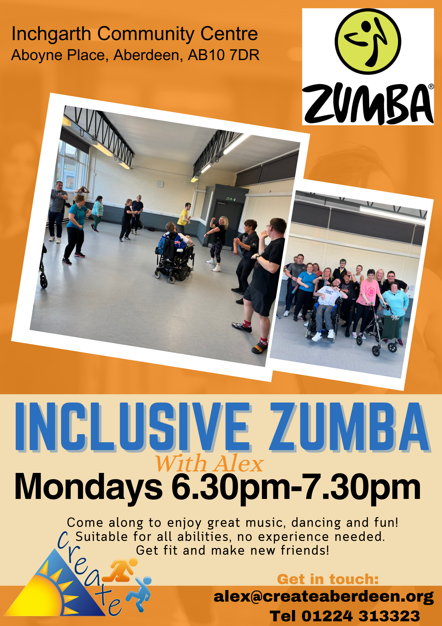 Flyer for an inclusive Zumba class at Inchgarth Community Centre, Mondays 6:30-7:30pm, with Alex. Suitable for all abilities.