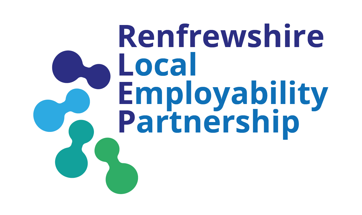 Logo - Renfrewshire Local Employability Partnership is written at the right of the image with 4 blue shapes to the left of the text.