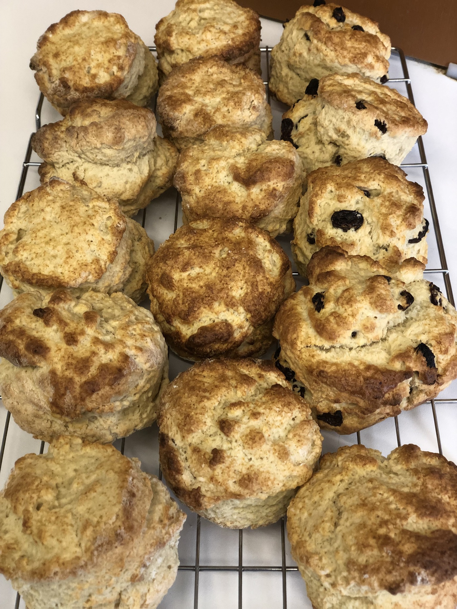 Lots of scones on a cooling rack.