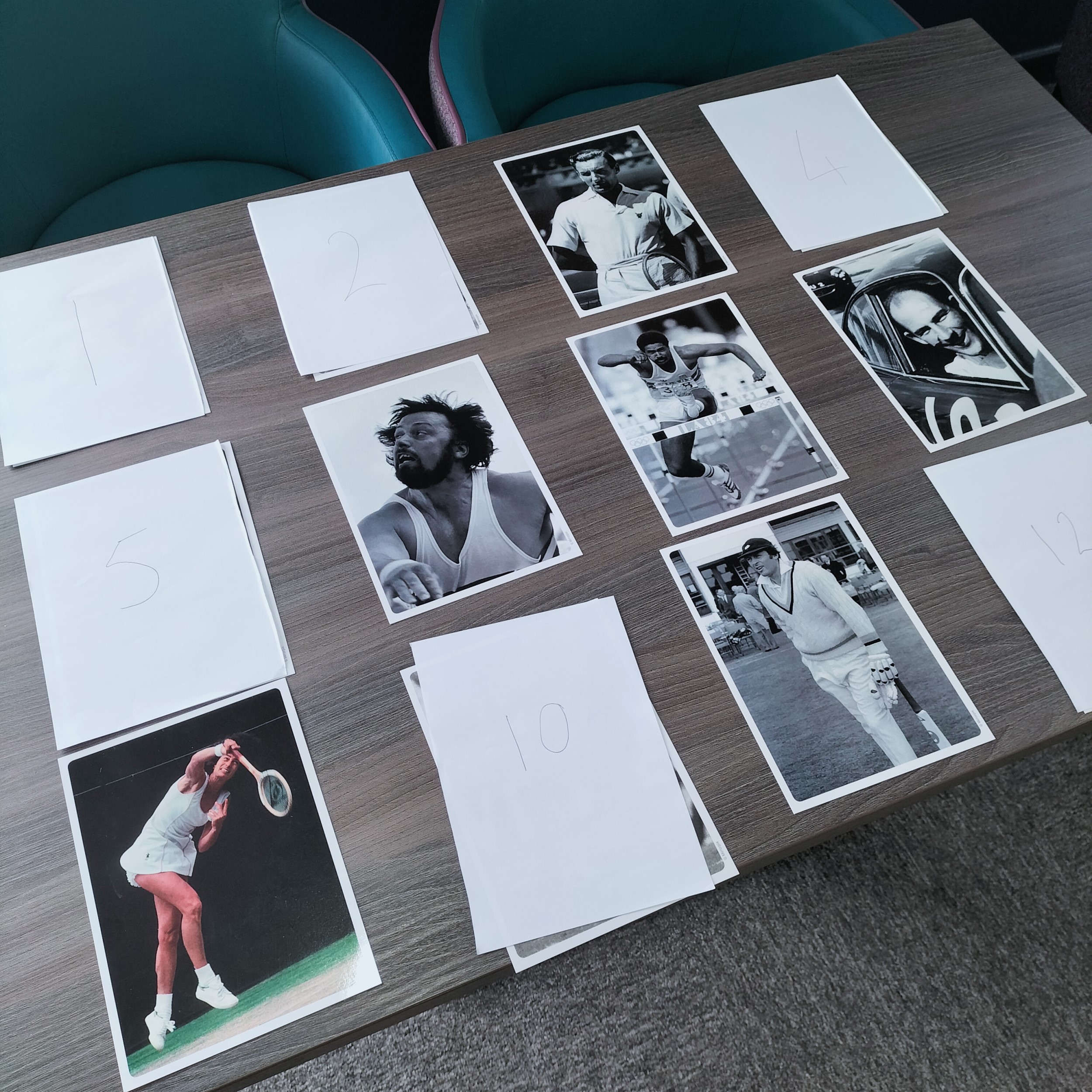 Twelve pictures on on a table in a grid formation, some are blank and some show sports stars.