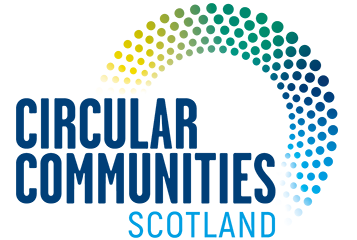 A logo with the text “CIRCULAR COMMUNITIES SCOTLAND” and a dotted circular design in blue and green shades. 